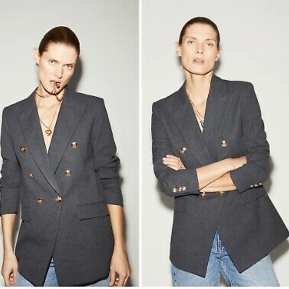 Zara Jackets & Blazers - Zara Gray Double Breasted Gold Buttons Blazer